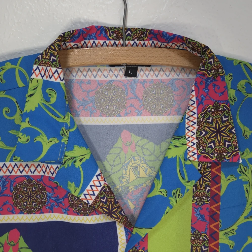 Mens Boohoo Size L Neon Green Blue Hawaiian Paisley T Shirt Short Sleeves Button - Picture 4 of 15